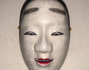 Hand-Carved Wooden Japanese Noh Mask "Ko-omote" (小面) - Signed & Dated 2004 - Vintage Style Traditional Theatre Wall Art