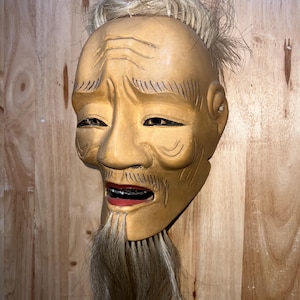 Original Japanische Noh Maske Kojo 小尉 | Handgeschnitzte Holzmaske des alten Mannes | Künstler signierte Vintage Wandkunst | Traditioneller Geist der Langlebigkeit und des Friedens