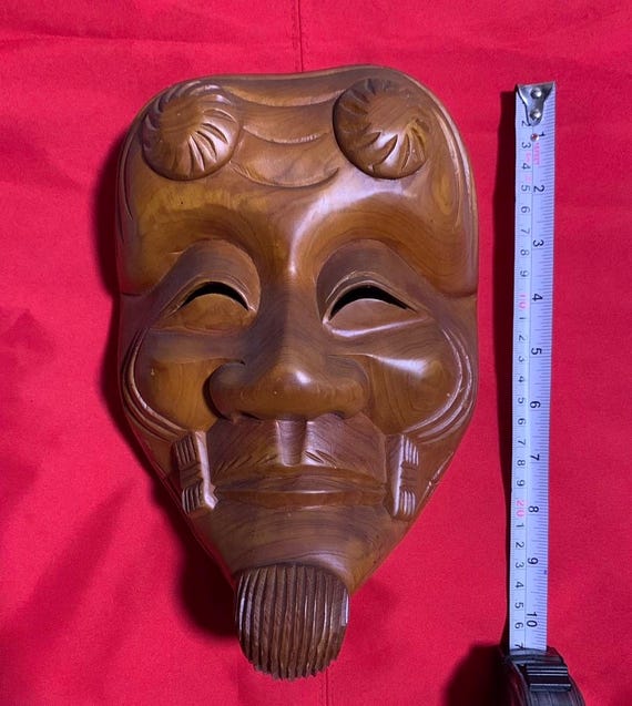 ヴィンテージの手彫り能面「翁」（オキナ）｜長寿と幸運の神様｜木製