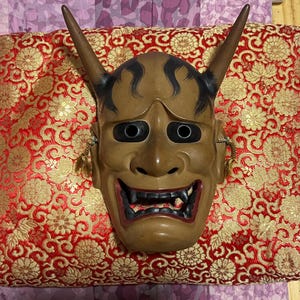 Máscara de demônio japonesa Oni / Hannya - Escultura de barro vintage - Arte de parede artesanal tradicional, máscara Noh