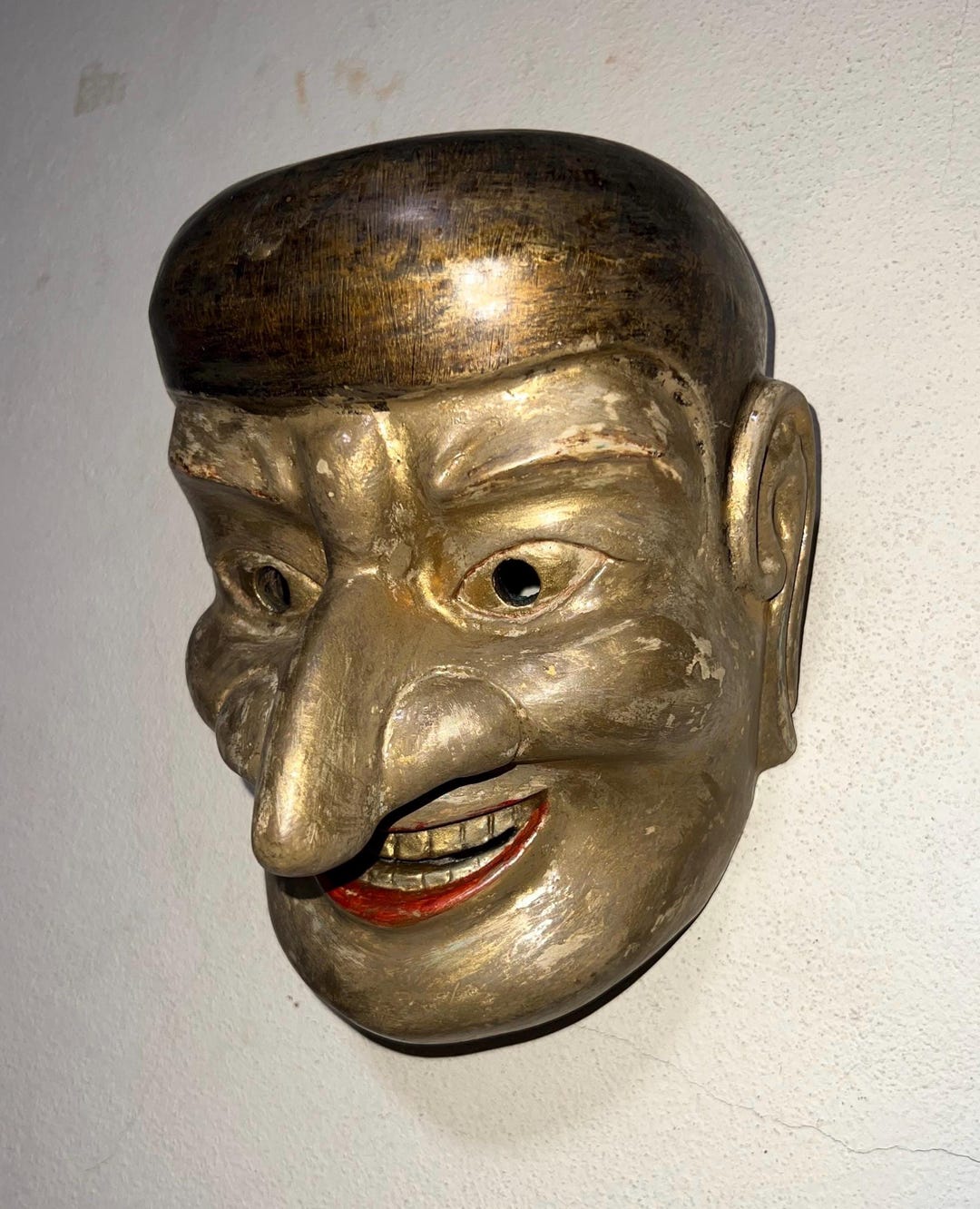 Vintage Japanese Folk Art Mask - Hand-carved 