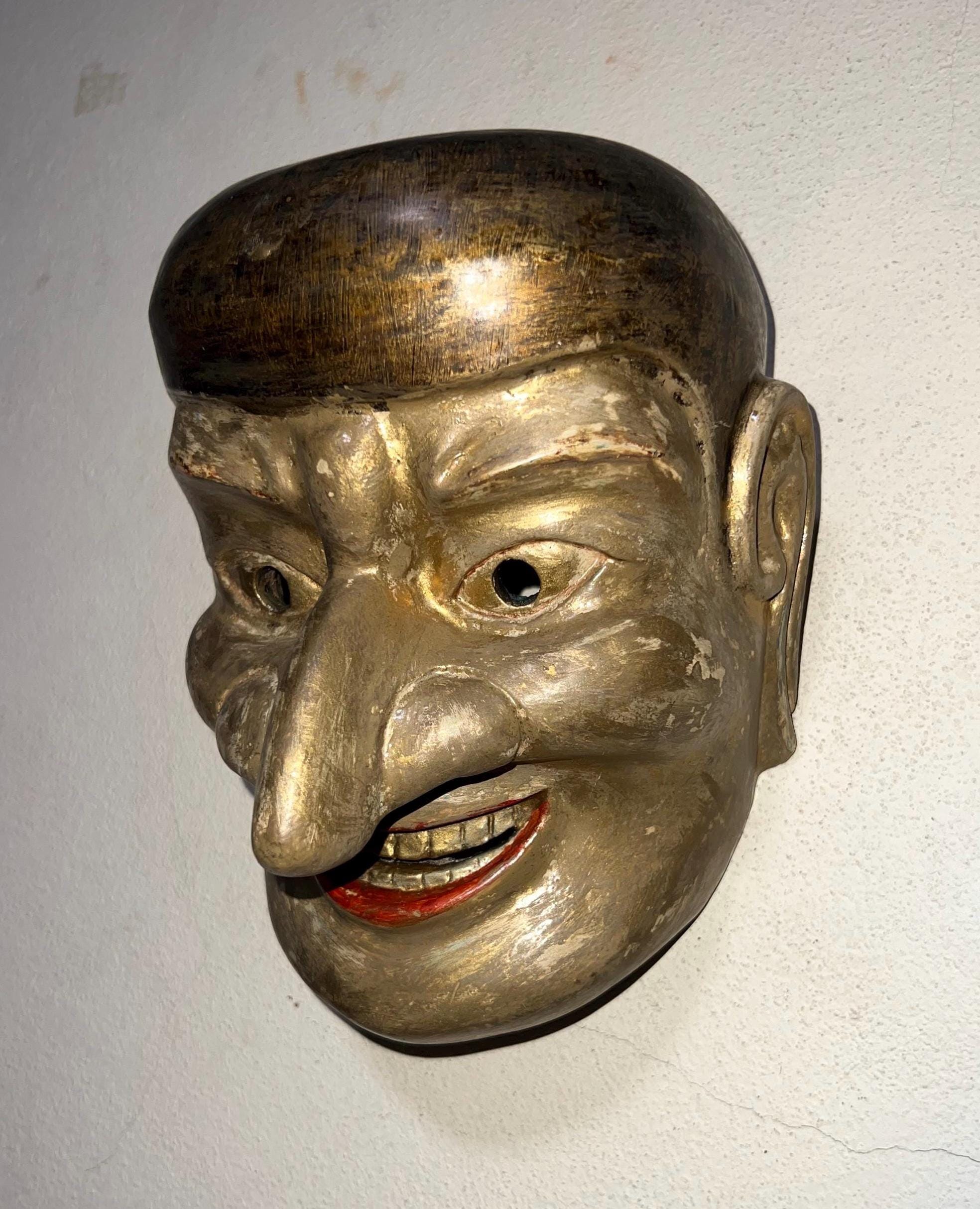 Vintage Japanese Folk Art Mask - Hand-carved 