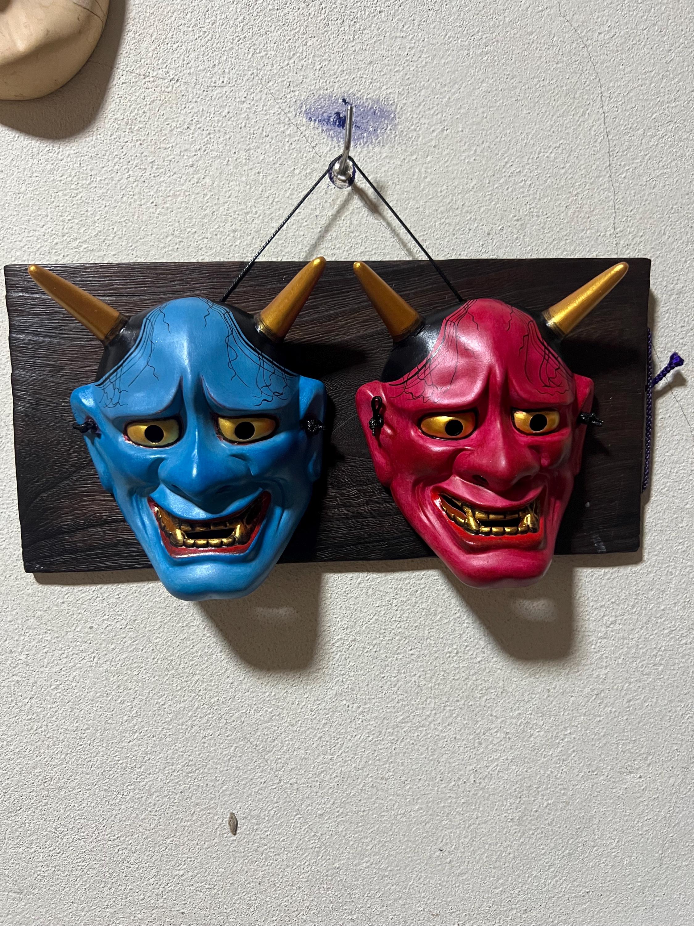 Authentic Japanese Hannya Oni Mask Set - Red & Blue Terracotta