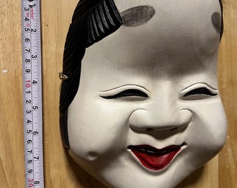 Vintage Japanese Okame Mask Hand Carved Wood, Otafuku Noh Mask for