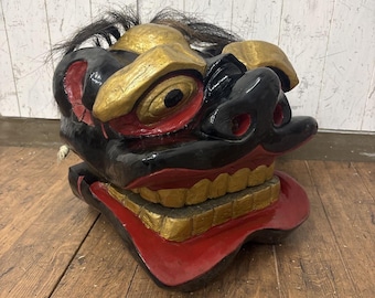 非常に希少な1950年代の日本製獅子舞（獅子の木製面）・金目歯付き 