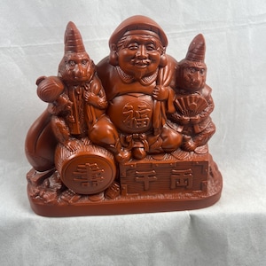 Large Vintage Japanese Ceramic Daikokuten Statue | God of Wealth & Fortune with Two Monkeys | 23cm Fine Pottery |Traditional Seven Lucky God