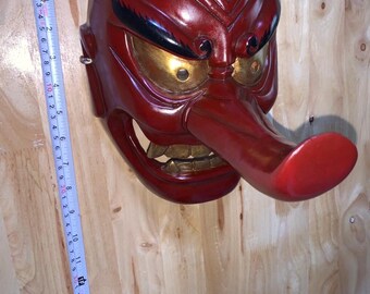 Japanese Tengu Mask Hand Carved Wood Mask Vintage Wall Decor