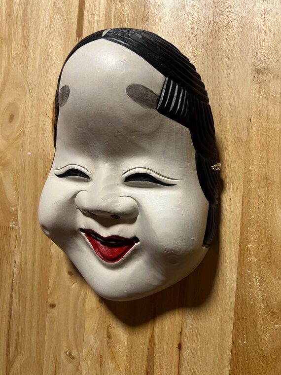 Vintage Japanese Okame Mask Hand Carved Wood, Otafuku Noh Mask for