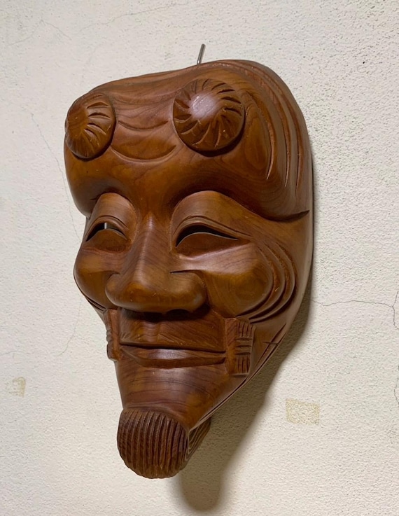 ヴィンテージの手彫り能面「翁」（オキナ）｜長寿と幸運の神様｜木製