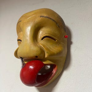 Japan bitchu kagura mask, noh mask showa era Handmade wood  mask Theater ‘’Hyottoko’’ 19h century