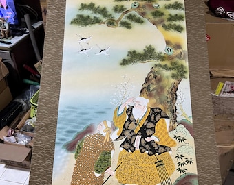 春保作の日本の掛け軸 – 歌舞伎熊鳥松尾丸の顔、木箱入り伝統演劇作品