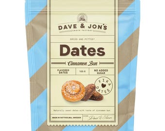 Dátiles con sabor a rollo de canela de Dave & Jon 125 g – Snack vegano sueco, sin azúcar añadido