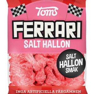 May include: A pink bag of Tom's Ferrari Salt Raspberry candy. The bag features a checkered flag and the text "Ferrari Salt Hallon" and "Salt Hallon Smak". The bag also says "Inga artificiella färgämnen".
