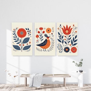 Ensemble à imprimer d'art folklorique scandinave – 3 imprimés floraux et oiseaux