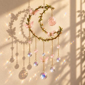 Puede incluir: Un colgante de pared en forma de media luna con un marco de alambre dorado adornado con hojas verdes y mariposas rosas. Varias cadenas doradas cuelgan del marco, decoradas con cuentas rosas y esferas de cristal transparente facetado.