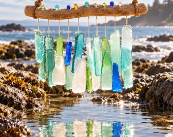 May include: A hanging wind chime featuring a horizontal piece of driftwood suspended by a rope. Attached to the wood are multiple strands of translucent sea glass in shades of blue, green, and white, accented with small colorful glass beads.