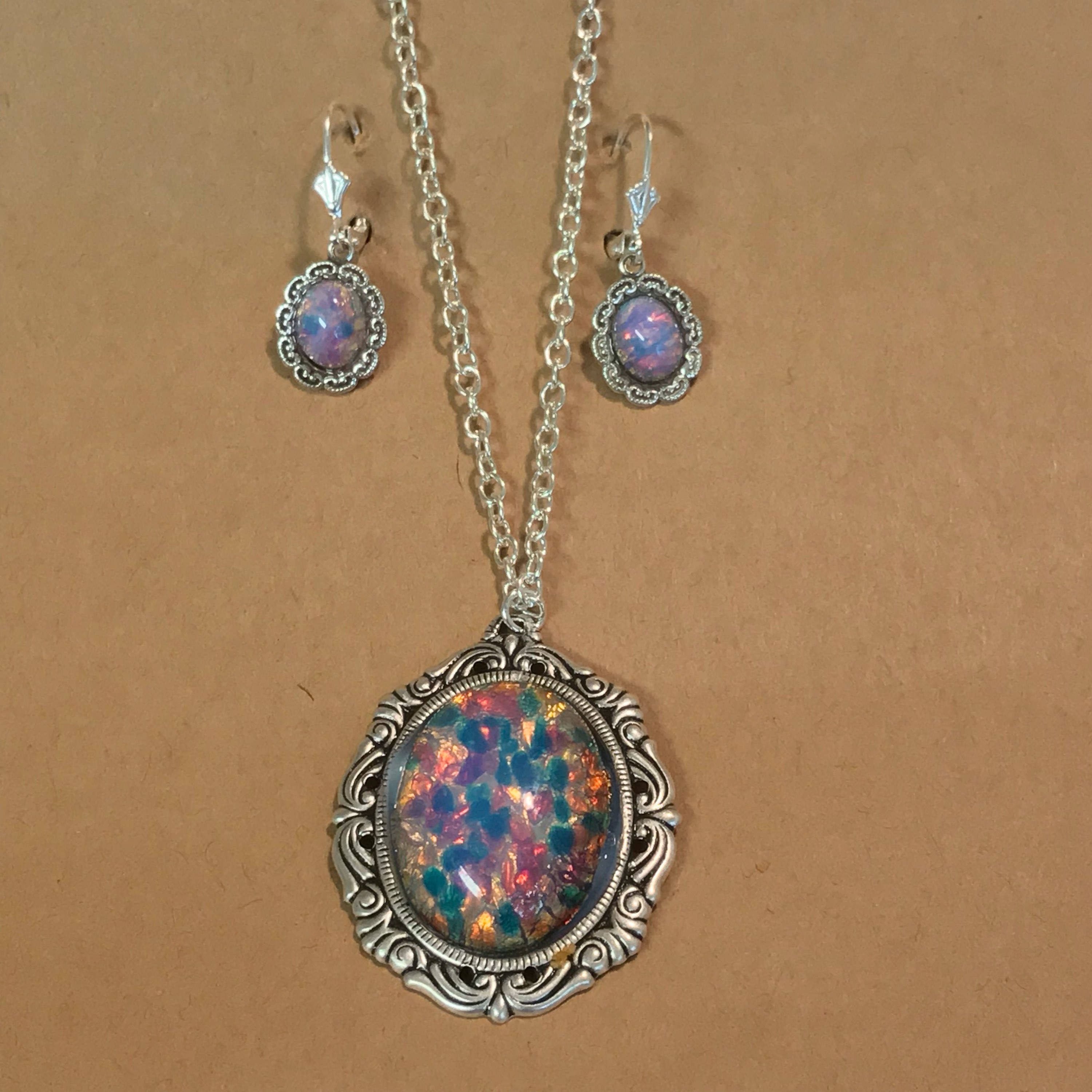 Pink Opal~Glass Pendant~Opal Necklace~Opal Jewelry Set~Opal Earrings ...