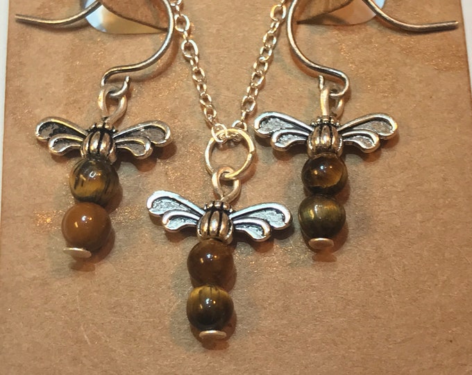 Dragonfly Jewelry Set~Necklace and Earrings~Silver Dragonfly Jewelry~Dragonfly Jewelry~Outlander Jewelry~Dragonfly in Amber~Tiger Eye