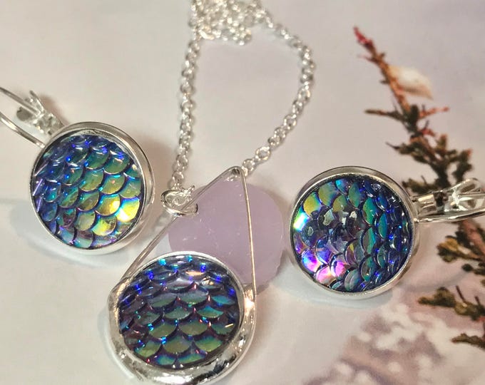 Mermaid Jewelry Set~ Silver Earrings~Silver Necklace~Aqua Scale Earrings~Sparkle Earrings~Mermaid Necklace~Resin Jewelry Set