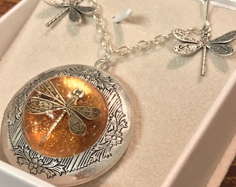 Silver Locket-Dragonfly in Amber-Photo Locket-Silver Pendant-dragonfly locket~locket set~outlander inspired