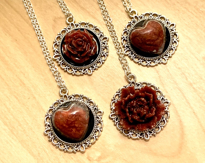 Red Pendant~Rose Necklace~Outlander Necklace~Round Silver Pendant~Resin Pendants~Silver necklace~Outlander Inspired Jewelry~filigree~heart