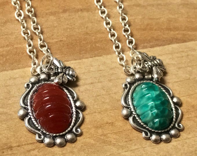 Bee Necklace - Honeypot Necklace- Bee Jewelry- Jade Pendant-Carnelian Pendant-Silver Bee-tiny bee charm - Outlander Jewelry-Art Deco Jewelry