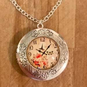 Silver Locket~Elegant~Clock Locket-Photo Locket-Silver Pendant-French Clock photo~5 past 10