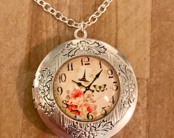 Silver Locket~Elegant~Clock Locket-Photo Locket-Silver Pendant-French Clock photo~5 past 10