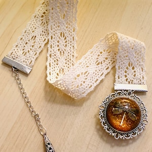 Lace Bookmark~Dragonfly in Amber~Outlander Bookmark~Ribbon bookmark~Resin Pendants~Outlander Inspired Jewelry~dragonfly filigree