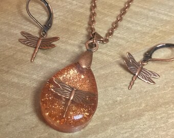 Copper Outlander Jewelry~Dragonfly in Amber ~ Dragonfly Pendant - Resin Pendant - Outlander inspired - Copper Necklace~Tear Pendant