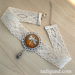 Lace Choker~Dragonfly in Amber~Outlander Choker~Dragonfly Choker~Resin Pendants~Outlander Inspired Jewelry~dragonfly filigree