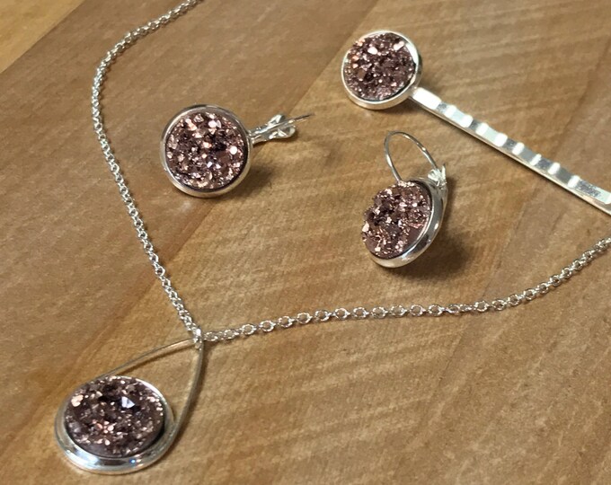 Rose gold Drusy ~Jewelry Set~ Silver Earrings~Silver Necklace~ Drusy Earrings~Sparkle Earrings~Drusy Necklace~Resin Jewelry Set