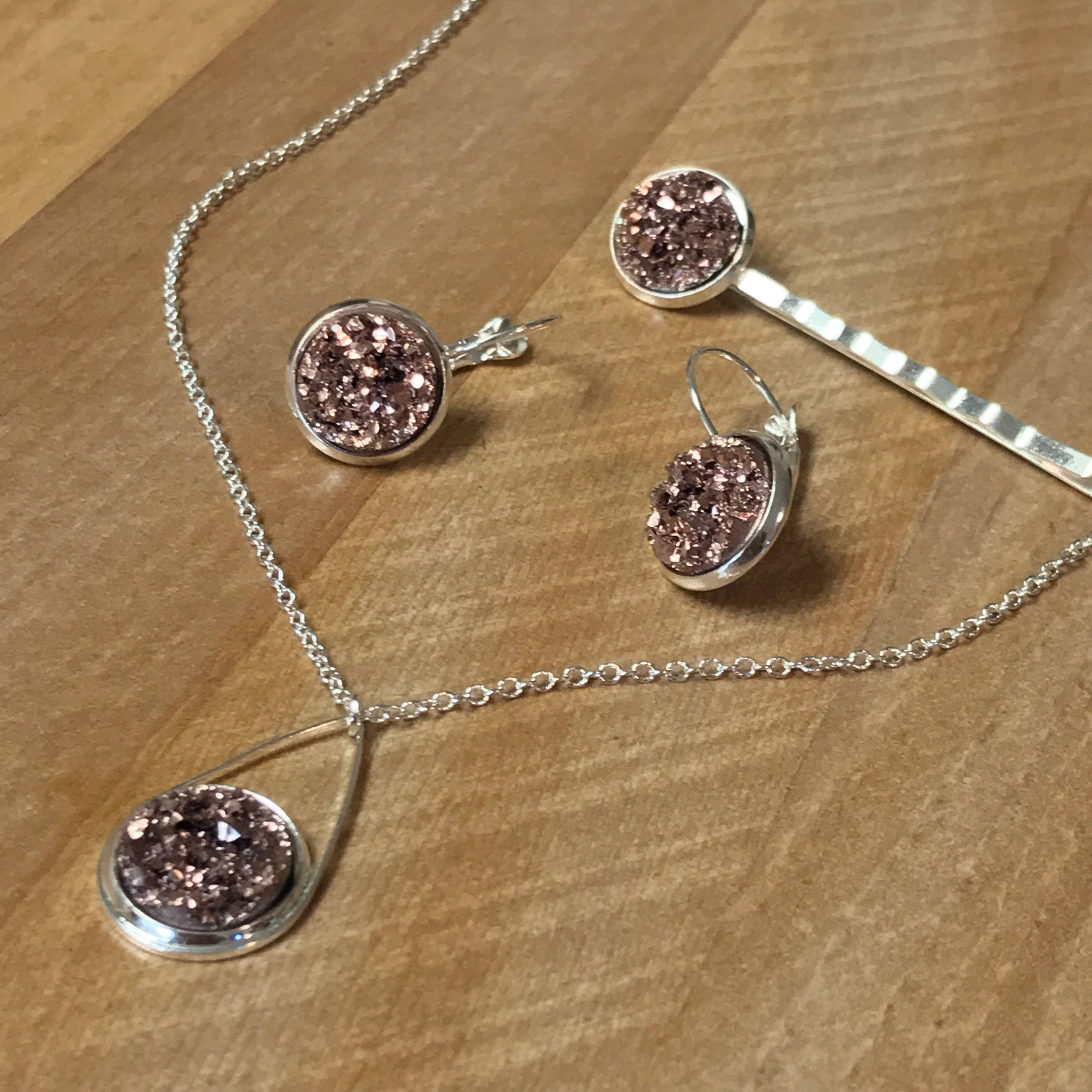 Rose Gold Drusy jewelry Set Silver 