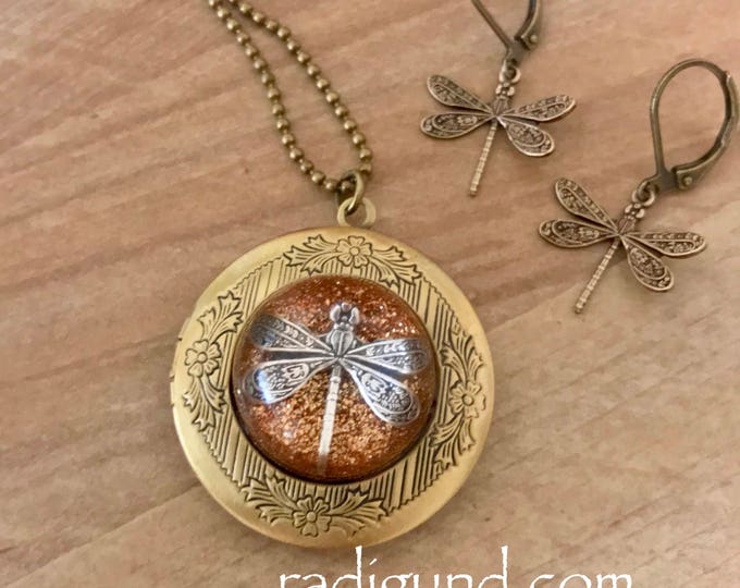 Bronze Locket-Dragonfly in Amber-Photo Locket-Bronze Pendant-Dragonfly Locket