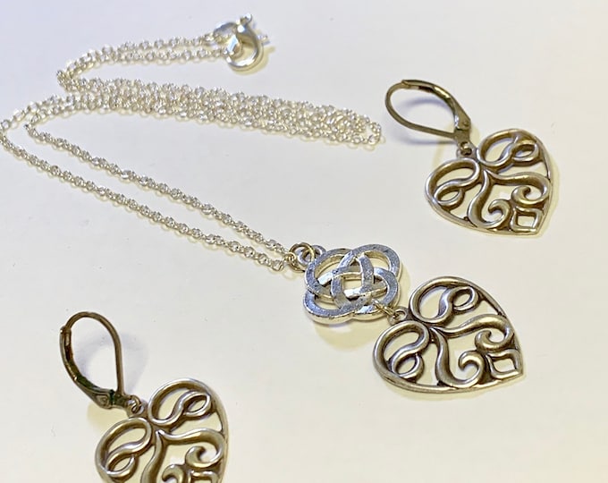 Heart Jewelry~ Silver Earrings~Silver Necklace~silver heart~Irish Heart~celtic Necklace~heart Charm~celtic jewelry~silver celtic jewe