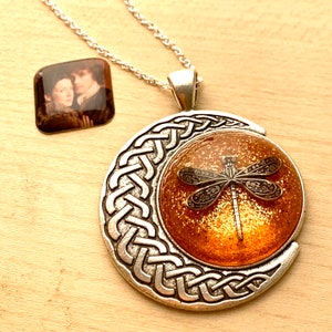 Dragonfly in Amber~Outlander Necklace~Celtic Moon~Round Silver Pendant~Resin Pendants~Silver necklace~Outlander Inspired Jewelry~Dragonfly