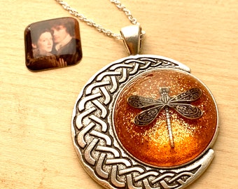 Dragonfly in Amber~Outlander Necklace~Celtic Moon~Round Silver Pendant~Resin Pendants~Silver necklace~Outlander Inspired Jewelry~Dragonfly