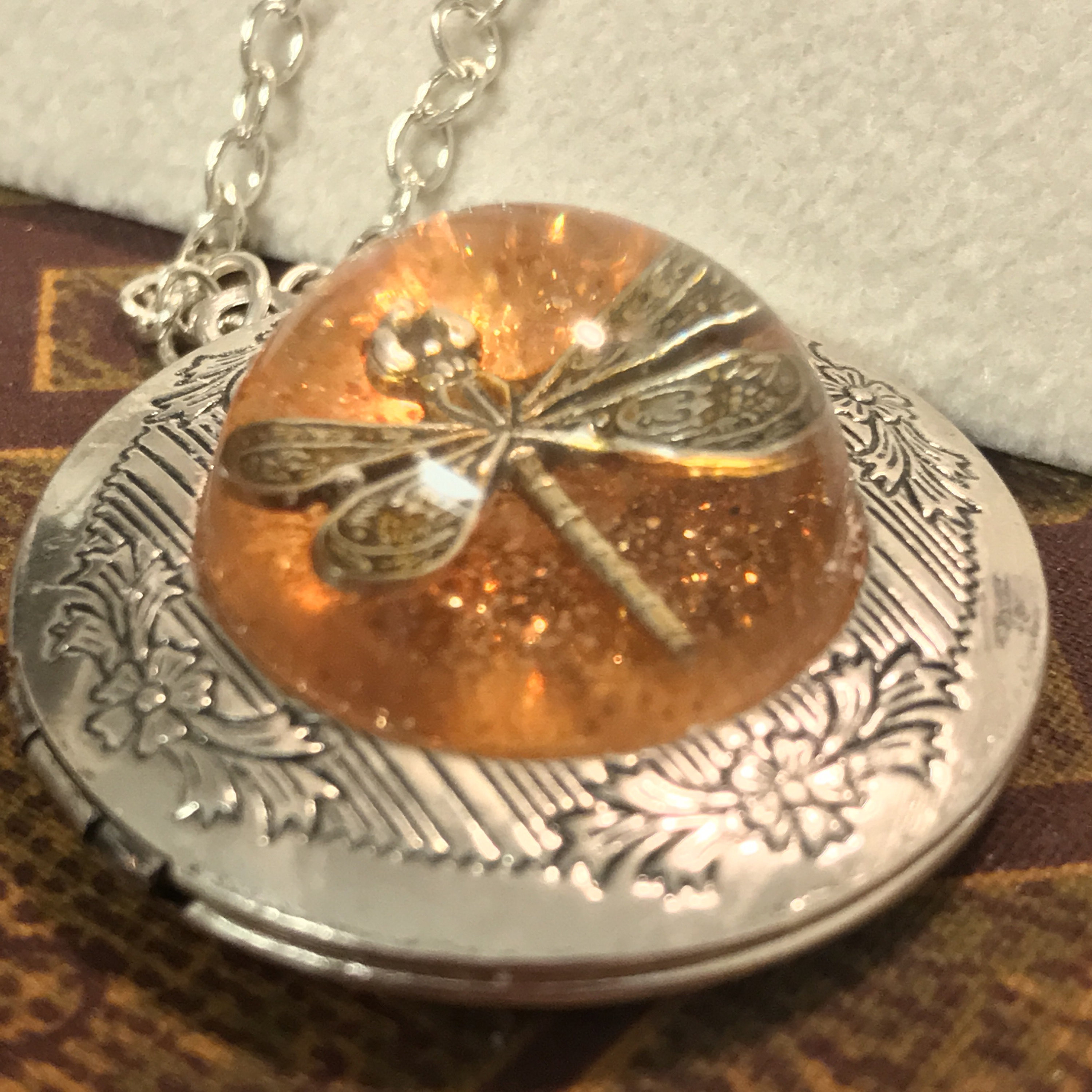 Silver Locket-Dragonfly in Amber-Photo Locket-Silver Pendant-dragonfly