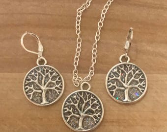 Winter Jewelry Set~ Silver Earrings~Silver Necklace~Tree of Life~Sparkle Earrings~Sparkle Necklace~Tree of Life Charm~Resin Jewelry Set