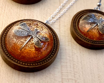 Dragonfly in Amber Necklace: Round Wood Resin Pendant, Outlander Inspired