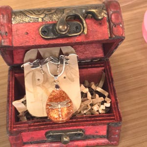May include: A set of dragonfly jewelry in a red wooden box. The necklace features a teardrop-shaped pendant with a dragonfly encased in orange glitter resin. The earrings are silver with dragonfly accents.
