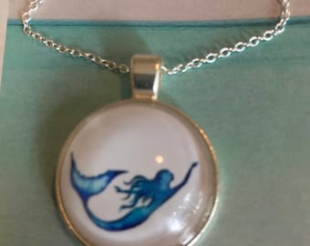 Mermaid Pendant~Mermaid Necklace~Round Silver Pendant~Glass Pendants~Silver necklace~Cosplay Jewelry~Siren Necklace