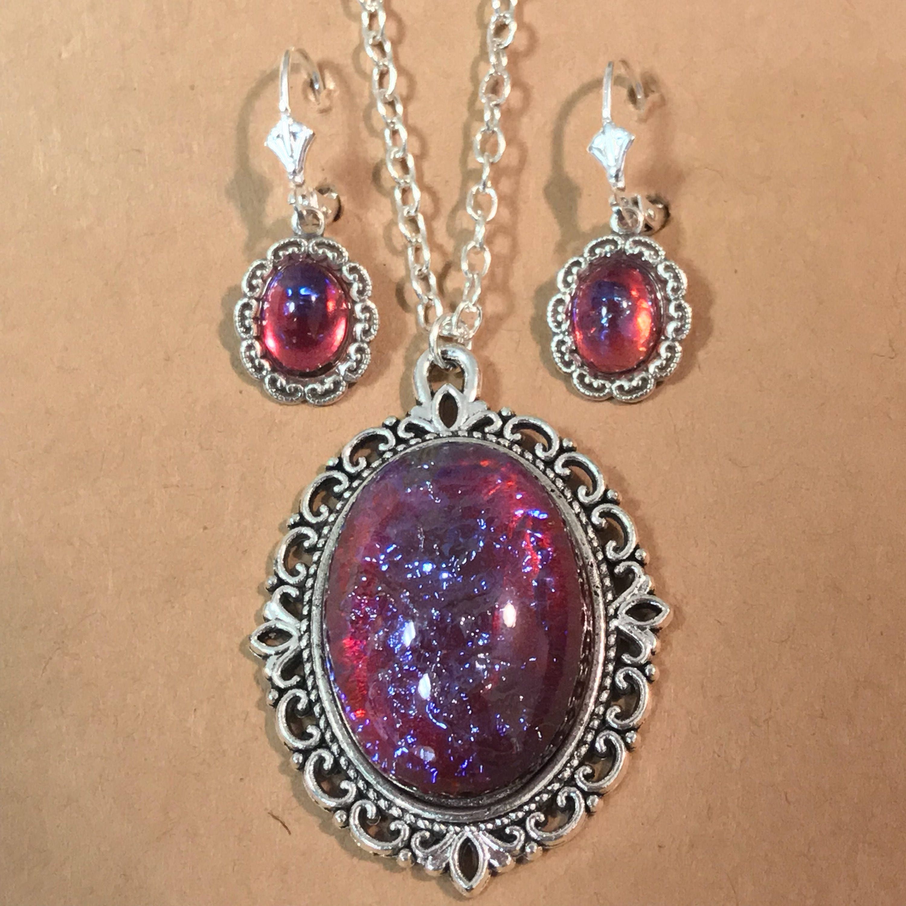 Large Opal Necklace~Mexican Fire Opal~Glass Pendant~opal earrings~Red ...