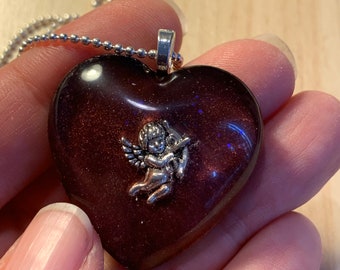 Burgundy Heart Pendant~Heart Necklace~Resin Cherub Pendant~Baby Angel~Love~Cupid~Outlander Jewelry~Cherub~Heart jewelry