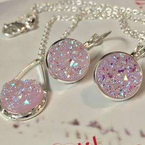 Ice Drusy Jewelry Set~ Silver Earrings~Silver Necklace~Lavender Drusy Earrings~Sparkle Earrings~Drusy Necklace~Resin Jewelry Set