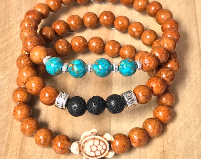 Unisex Bracelet~Stretch Bracelet~Turtle Bracelet~Lava Bracelet~Riverstone Beads~Bead Bracelet