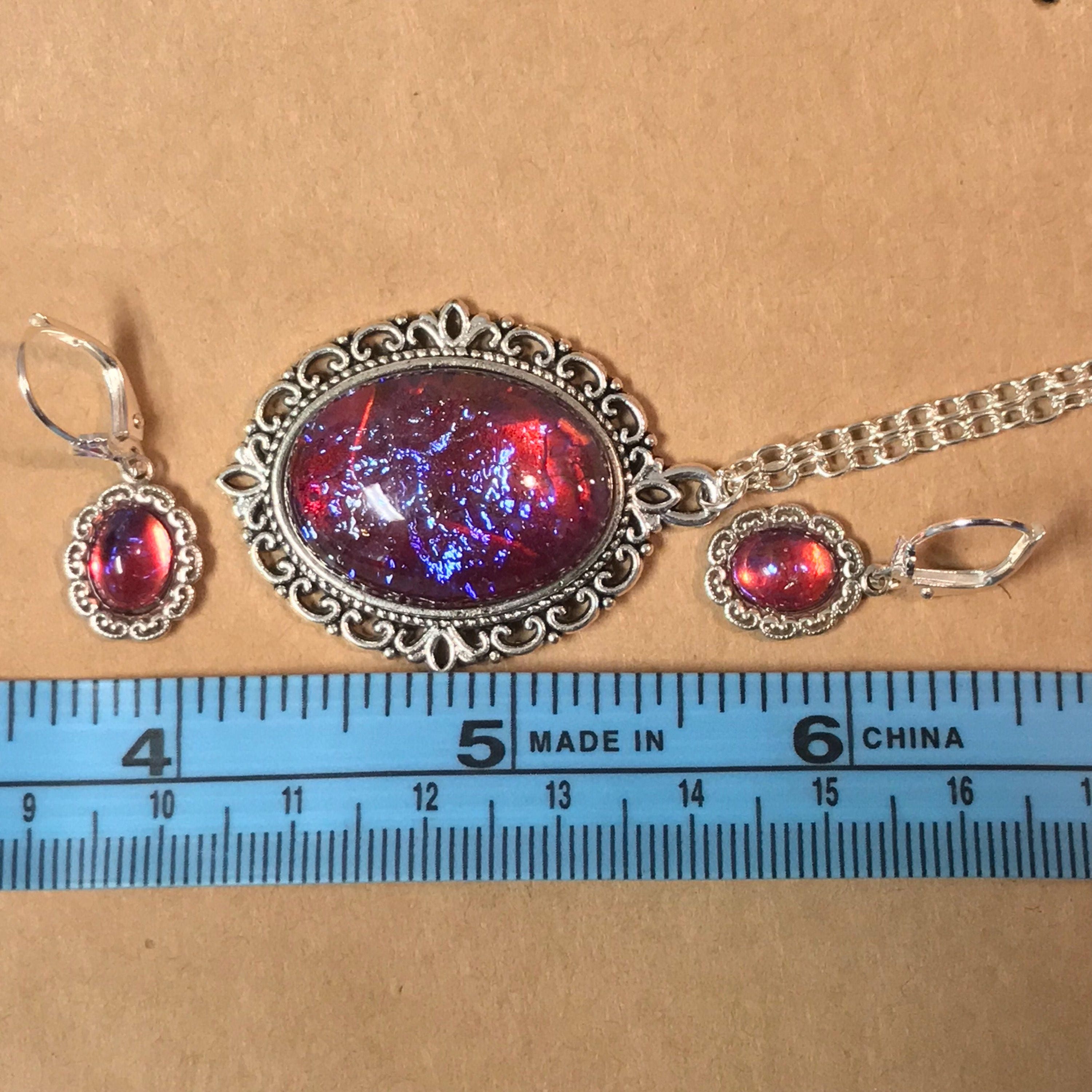 Large Opal Necklace~Mexican Fire Opal~Glass Pendant~opal earrings~Red ...