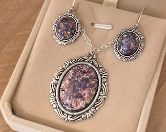 SALE! Large Opal Set~Silver Opal Earrings-Opal Earrings-Antique Pendant~Glass Opal Earrings