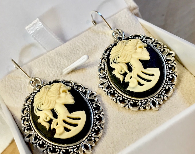 Victorian Set~Lolita Skull~Cameo Earrings-Cameo Woman-Antique Cameo Pendant-Skull Earrings-Lolita Earrings~Black Cameo-Silver Earrings