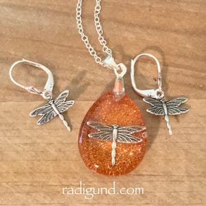 May include: A set of silver dragonfly earrings and a necklace with a teardrop-shaped pendant filled with orange glitter and a silver dragonfly.